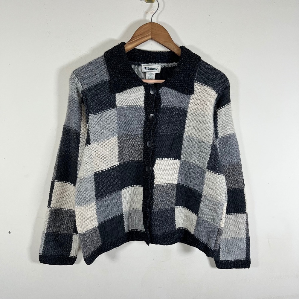 Vintage L.L. Bean 100% Wool Collared Knit Cardigan Sweater Checkered Patchwork